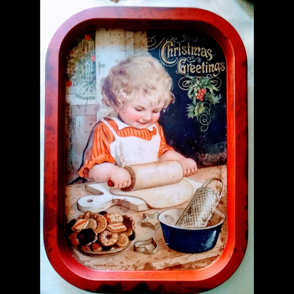 Vintage Style Christmas Cookie Girl Tin Tray